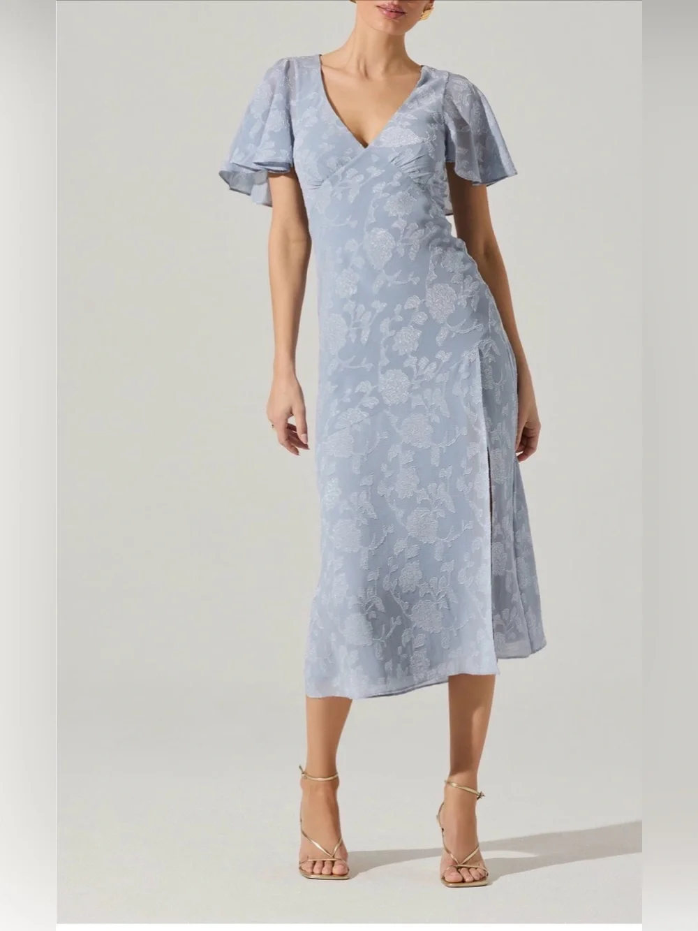 Astr Powder Blue Floral Midi Dress with V-Neck - Picture 1 of 7